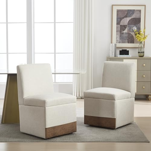 Aunvla Gepolsterte Esszimmerstühle 2er Set Drehbare Esszimmerstühle Küchenstühle Rollen & Lagerung Bequemer Moderner Rollsessel Weiß für Wohnzimmer Armloser Stuhl aus Stoff (Beige Leinen)