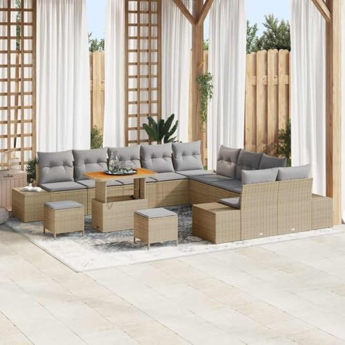 QJBSAVVA Gartensofa Set 13-TLG Beige Hellgrau 90x55cm Polyrattan Sitzecke mit Stauraum Modernes Balkon Sofa Lounge Outdoor Couch für kleine Balkone Terrasse Garden Furniture