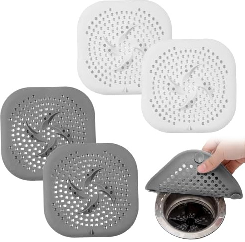 HONRIGO 4 Pcs Silicone Drain Cover, Suction Cup Sink Strainer, Shower Drain Covers Hair Catcher for Bathroom, Kitchen & Outdoor Use (2 White + 2 Grey)