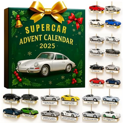 Drawelry 2D Acryl Autokarte Anhänger Adventskalender 2025 Weihnachtsbaum Ornamente 24 Tage Sportcar Card Blindbox Countdown Advent Calendar Weihnachts Deko Geschenke für Männer Frauen Kinder (A2)