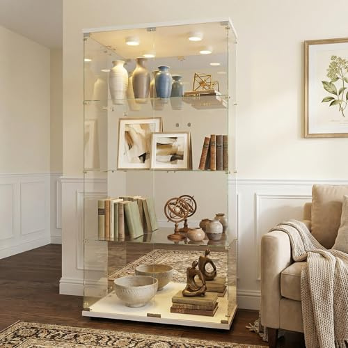 Zorvani Glasvitrine Standvitrine mit LED, Glasvitrine Stehend mit 4 Lagen Glas, Vitrinenschrank 2 TüR & Schloss Vitrine Glasschrank für Wohnzimmer Büro Sammlerstücke (Weiß+LED 1, 4 Etagen, 2 Tür)