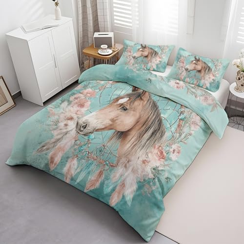 Generisch Pferd Bettwäsche 140x200, Traumfänger Wendebettwäsche, Ethnisch Stammes Motiv Bettbezug mit Reißverschluss, Weiche Mikrofaser Bettwäsche Sets 2 Teilig mit 1 Kissenbezug 70x90 S234M