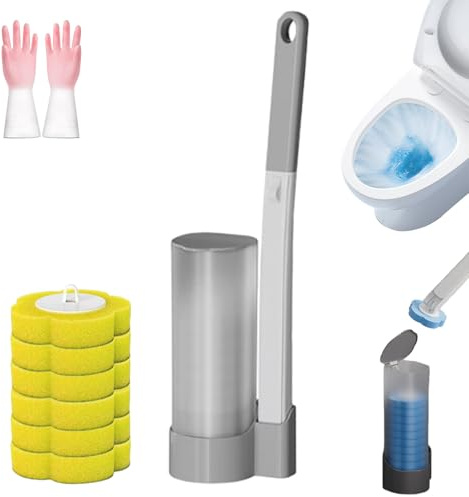 Zero Bürste Wc, Einweg Toilettenbürste, Tropffreies, Schnellwechsel per klick, Zero-Touch Klobürste Set, Mit Griff Und Wandhalter, Schwamm Reiniger Nachfüllungen (Grau +6 * Zitrone)