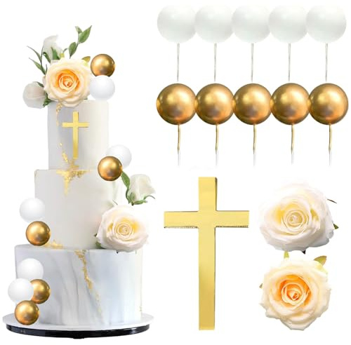 Decoración para Tarta de Comunión, Topper Tarta Bautizo, 13 Piezas Adornos para Tartas con Cruz, Bolas y Flores, Decoracion para Pastel para Comuniones, Bautizos, Cumpleaños, Bodas (Blanco)