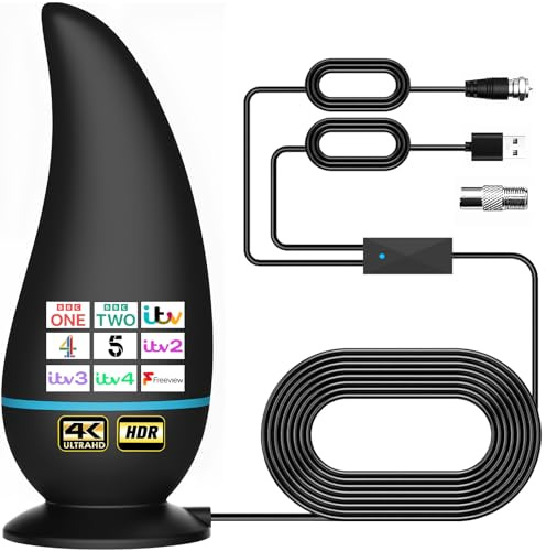 Deenor Indoor TV Aerial with Signal Booster – Digital HDTV Antenna with Coax Cable, Supports 4K 1080P VHF UHF DAB – High Gain Freeview TV Antenna For Home & Caravan