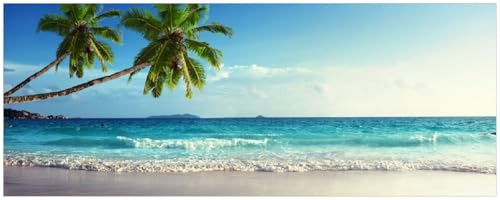 Wallario Memoboard aus Glas mit Motiv, Magnet-Tafel in 32 x 80 cm in Premium Qualität Sandstrand auf den Seychellen - Urlaub unter Palmen