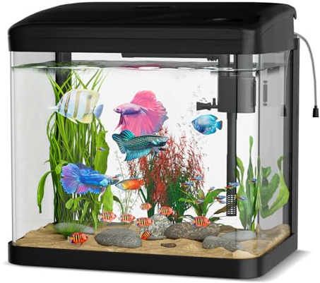 15L Acuario de Cristal, Ambesty Acuarios y Peceras Completas,Pecera con Sistema de Filtrado Integrado e Iluminación LED,Bajo Ruido y Silencioso,Acuarios de Iniciación, Negro