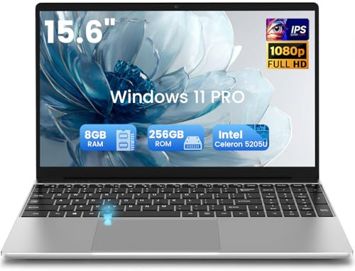 Kayoote 2026 PC Portatile 15.6 Pollici Win 11 Pro, Celeron 5205U Notebook, 8GB RAM 256GB SSD, Display IPS FHD 1920x1080, Tastiera Retroilluminata, Sblocco Impronta Digitale, USB 3.0, Mini HDMI