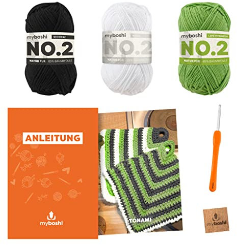 myboshi Häkelset Topflappen Tonami, inkl. No.2 Wolle, Nadel und Anleitung, Häkelpaket 85% Baumwolle, 15% Kapok Grün mit Häkelnadel