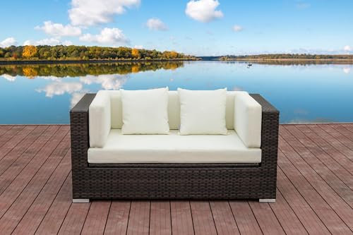 OUTFLEXX 2-Sitzer Sofa Lounge aus hochwertigem Polyrattan in braun marmoriert mit Kissenboxfunktion inkl. Kissen-Polster, Gartensofa Couch für 2 Personen, wetterfest, stabil und rostfrei