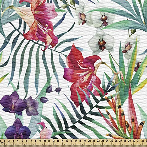ABAKUHAUS Bunt Gewebe als Meterware, Tropische Orchideen, Schön Gewebten Stoff für Polster und Wohnaccessoires, 1M (148x100cm), Dunkle Koralle Weiß