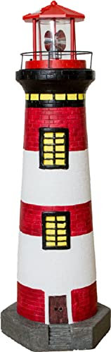 NATIV LEMODO Gartendeko Leuchtturm 83cm hoch | Handbemalte Gartenfigur mit solarbetriebenem, rotierendem Leuchtfeuer | Maritime Außendeko mit LED Beleuchtung