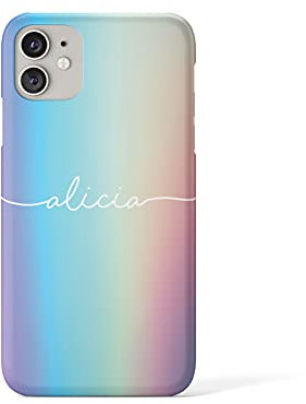 Tirita Personalised Phone Case Compatible with iPhone 11 Hard Cover PRINTED GLITTER, NOT REAL GLITTER Holographic Iridescent Rainbow Psychedelic Pastel Colours Custom Initials