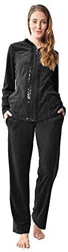 DeSen Damen Deluxe Velours Nicki Freizeitanzug Hausanzug Nicki-Anzug mit Reißverschluss und Pailletten-Leisten（Schwarz,44/46）
