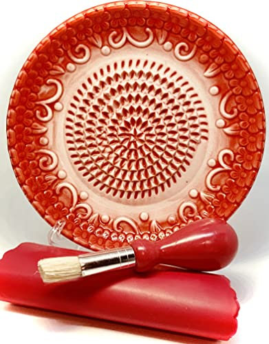 BonCera, All-in-one 4pcs Prime Ceramic Garlic Grater Set - HandMade, Red Emboss Design Grater Plate w/Garlic Peeler, Gathering Brush, Display Stand, It's also grating Turmeric, Ginger, and more,