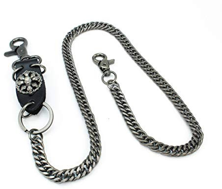 Bling Company Schlüsselkette Brieftaschenkette Kellnerkette Hosenkette Sicherheitskette Pattenkette Skull Bones Echt Leder und Stahl 77cm