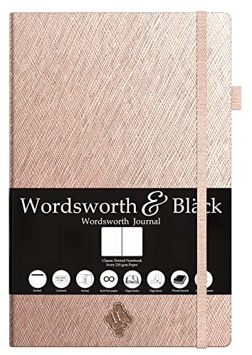 Dünnes klassisches Premium Bullet Grid Journal mit Stiftschlaufe | A5 5,8 x 8,3 Dotted Hardcover Notebook | Nummerierte Seiten | Dotted Journal | Leder Innentasche | 160 GSM Elfenbein Papier, Roségold