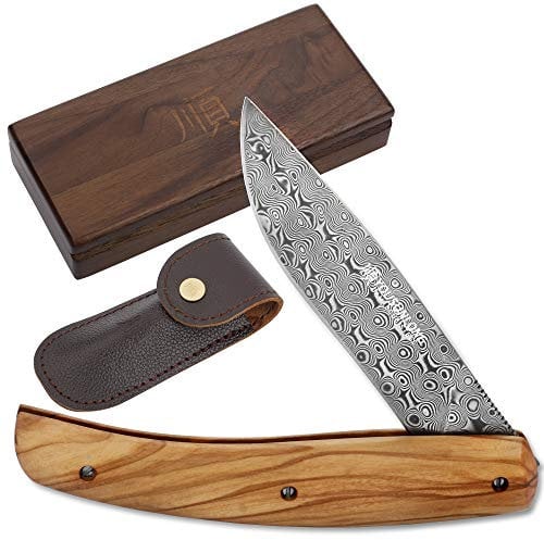 YOUSUNLONG Couteau de poche Damas - Couteaux pliants de survie Lame Damas de 86 mm (185 mm au total) Transport extérieur - Manche en bois d'olivier naturel avec étui en cuir