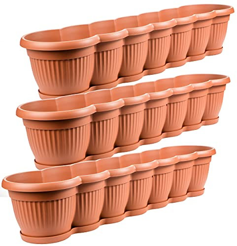 Blumenkasten mit Untersetzern, Balkonkasten 80 cm Breite, 3 Stück, Terracotta, hochwertiger Kunststoff, Made in EU