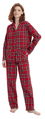 Amaxer Thermo Flanell Schlafanzug Damen 100% Baumwolle Pyjama Set Lang Winter Warmer Sleepwear | Rotes Plaid, L