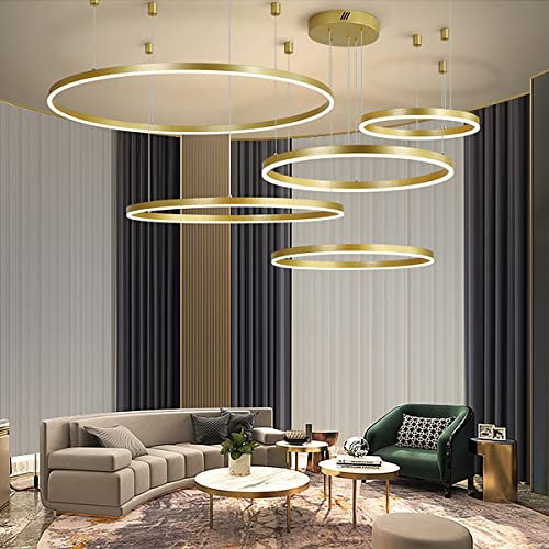Modern 5 Ringe Ring Pendelleuchte 136W LED Dimmbar Wohnzimmer Kronleuchter Mit Fernbedienung Schick Hängeleuchte Schlafzimmer Salon Esszimmer Leuchter Verstellbare Höhe Kombination Hängelampe,Gold