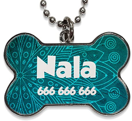 LolaPix Chapa Perros Personalizadas con foto, texto o imagen. Placas para Perros. Chapa metálica con forma de hueso. Regalo personalizado. MANDALA AZUL