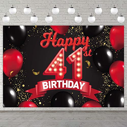 Happy 41st Birthday Rot und Schwarz Banner Hintergrund Dekorationen Luftballons Thema Dekor für Mädchen Frauen Prinzessin 41 Jahre alt Geburtstag Party Bday Photo Booth Requisiten Supplies Hintergrund