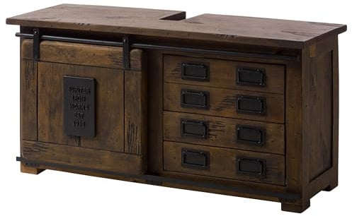 MASSIVMOEBEL24.DE | Railway - massiver Unterschrank braun geölt | aus Mangoholz | 120x40x60 | 2 Fächer + 4 Schubladen - mit Schiebetür | Aufbewahrungsschrank Flurschrank