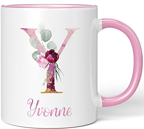JUNIWORDS Tasse, Yvonne, Name Anfangsbuchstabe Initial Alphabet Floral Buchstabe Y Monogramm Motiv, Rosa (5550469)