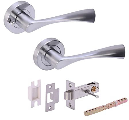 HANDLEZONE® Zena Privacy Lever On Round Rose Door Handles, with Privacy Latch, for Bathroom, Toilet, WC Doors, 1 Set - Satin Chrome
