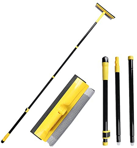 MULING Long Handle Window Squeegee,2-in-1 Glass Squeegee Have 63 Adjustable Soft Rubber Blade & 10 Absorbent Sponge Head for Car Windshield, Gas Station, Shower and Glass.