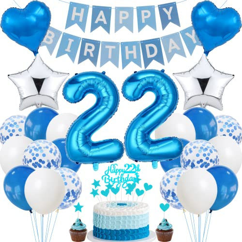 Jrzyhi 22. Geburtstag Dekoration - Blau Silber Tortendeko für Männer und Frauen - Party Deko Set für 22 Jahre