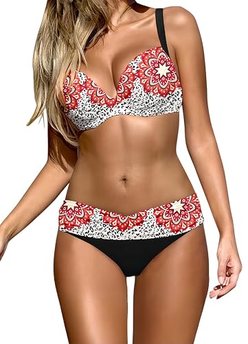 Ocean Plus Maillot de Bain 2 Pièces Femme Bikini Push-Up avec Armatures Moulées et Culotte Brésilienne Opaque pour Plage Piscine Sport (XXL (EU 50-52), Noir à imprimé Floral Tropical)