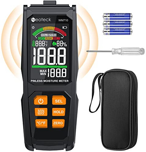 Neoteck Misuratore di Umidità Pinless 20-40mm con Schermo Colori VA Rilevatore di Umidità con Grafico a Barre Tricolore Misuratore di Umidità del Legno Senza Pin per Pareti Legno Calcestruzzo Intonaco