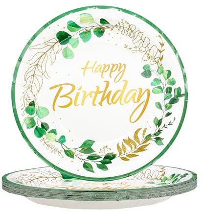 TOPWAYS Sauge Vert Eucalyptus Anniversaire Assiette Jetable, 9inch 23cm Assiette Carton Plateau Vaisselle Jetable pour Fête Anniversaire Fille Garçon Fille Femmes Party Decoration (Assiettes 20pcs)