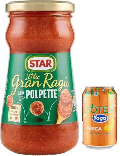 Rummo 12er-Pack Star Il Mio Gran Ragu' con Polpette,Tomatensauce mit Schweinefleisch und Fleischbällchen,360g Glas + 1er-Pack Kostenlos Yoga Eistee Pfirsich 330ml Dose