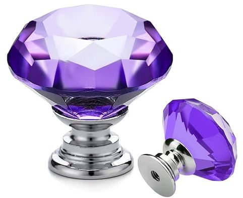 Ravinte 5 Stück Kristall Schublade knöpfe und griffe, Diamant Form Knöpfe für Schublade Schubladen Küche Schrank - 30mm Knöpfe mit Silber Basis(Lila)