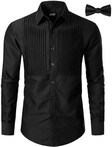 JOGAL Chemise de smoking à manches longues pour homme - Coupe droite - Chemise d'affaires boutonnée - Chemise décontractée avec nœud papillon, Noir , XL