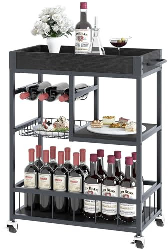 Huhote Servierwagen, Küchenwagen mit Weinregal, Barwagen, Getränkewagen, Rollwagen mit Rollen, Weinwagen für Esszimmer, Küche, Wohnzimmer, Bar, Party, Schwarz Holzmaserung