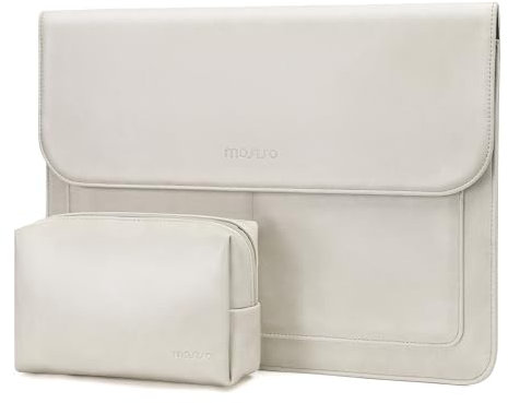 MOSISO Laptop Case 13.3 inch, 13-13.3 inch Laptop Sleeve Compatible with MacBook Air/Pro 13 / Pro 14, HP Dell ASUS Lenovo Notebook, PU Leather Flap Carrying Case with Stand&Small Pouch, Beige