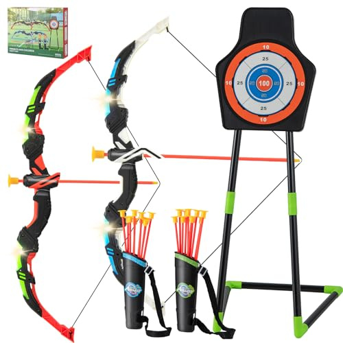 HOMASIS Arc et flèches 2 Enfants, Set de tir à l'arc | 2 arcs, 20 flèches, 2 carquois & cible, cadeau arc enfant avec flashs LED, arc jouet pour intérieur & extérieur, dès 3 ans