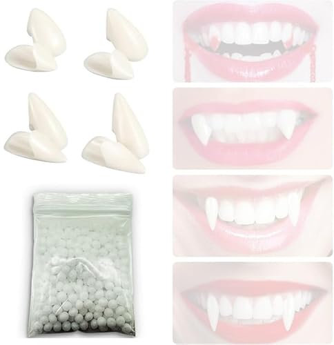 4 Paar Halloween Vampirzähne Gebiss Fangs,Gefälscht Zähne mit Pellets Kleber für Cosplay,Requisiten,Halloween, Dämon, Hexe