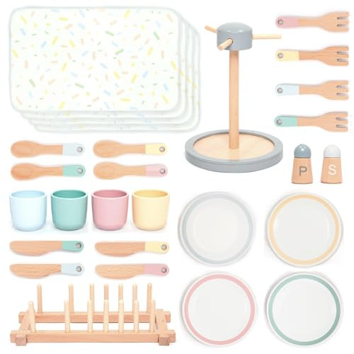 UMU® Grand ensemble de vaisselle en bois - 28 pièces pour enfants avec assiettes, tasses, couverts et support - Accessoires de cuisine pour la cuisine de jeu - Vaisselle de jeu de rôle à partir de 3
