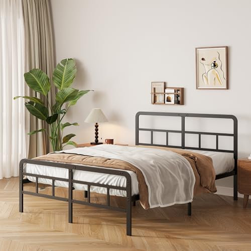 Yicensen Metallbett 140x200 cm mit Gebogenem Kopf und Fußteil, Bettgestell aus Metall für Doppelbett mit Schweren Metalllatten für Stabilen Halt, Geräuschlos, Einfach zu Montieren, 36cm Hoch, Schwarz