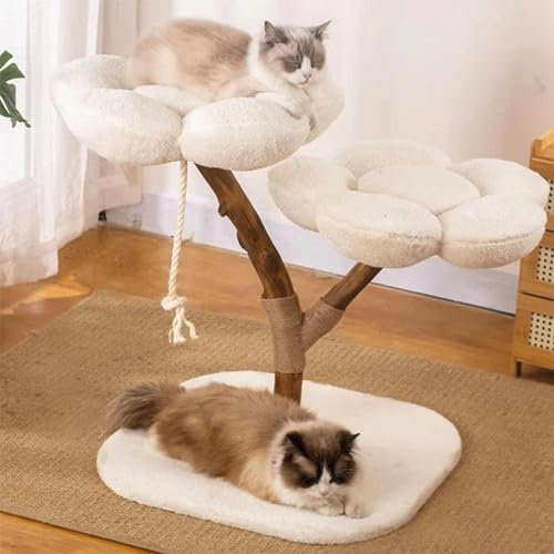 Luxury Wooden Cat Tree Tower with Cozy Fluffy Perch - Solid Wood Cat Condo for Large Cats - Indoor Cat Climbing Tree with Sisal Scratcher