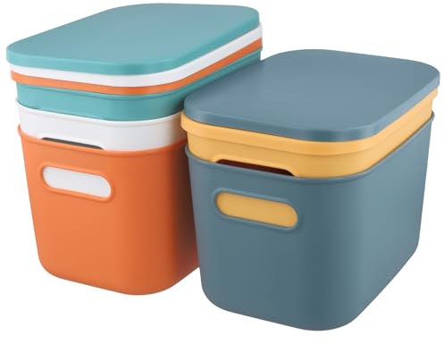 HEIYUET 5 Stück Kunststoff Aufbewahrungsbox mit Deckel 25x18x16cm, Bunte Plastik Boxen Aufbewahrung, Stapelbare Aufbewahrungskorb mit Deckel für Regale, Küche, Bad, Büro, Schlafzimmer
