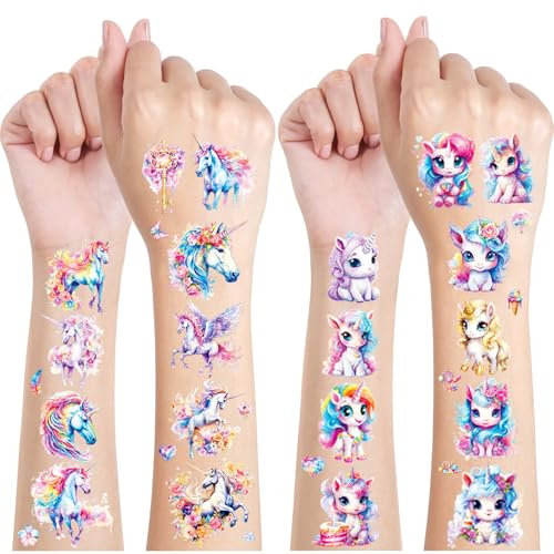 Einhorn Glitzer Tattoos Kinder, 12 Blätter Einhorn Temporäre Tattoo Kinder, Unicorn Tattoos Mädchen Glitzer, Geburtstag Party Geschenk Kleine, Hautfreundliche Temporäre