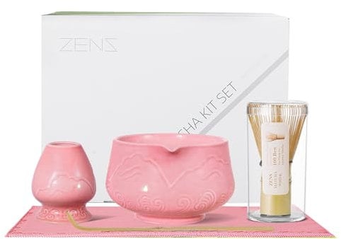 ZENS Matcha Set Pink, Japanese Matcha Tea Ceremony Kit, 5pcs Matcha Tea Set with Bamboo Whisk and Ceramic Bowl & (Chasen Holder) Scoop, Soft Towel, Gift for Matcha Latte Lover