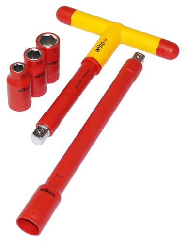 sopomarkt24 Ratsche Nuß VDE Steckschlüssel Satz 1/2'' Isoliert bis 1000V AC, T-Griff, Verlängerung, 3 Steckschlüsseleinsätze (SW 10-17mm), Chrom-Vanadium-Stahl, für sicheres Arbeiten