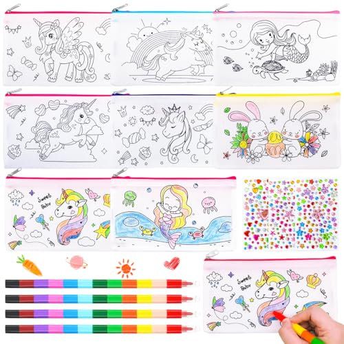 QIMMU Einhorn Federmäppchen zum Bemalen, 8 Stück Taschen zum Bemalen für Kinder,Beutel zum Bemalen mit Wachsmalstifte Stapelbar Glitzersteine, Mitbringsel Kindergeburtstag Gastgeschenke (A)